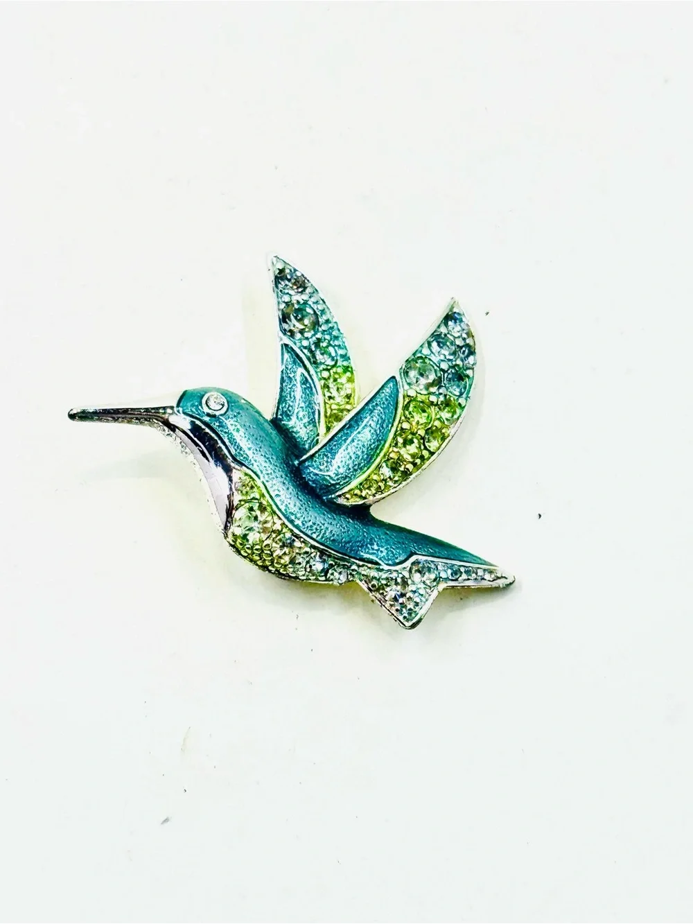 Liz Claiborne Silver Tone Teal and Lime Green Hummingbird Brooch 2”X2”
